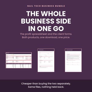 May include: A digital nail tech business bundle featuring a profit spreadsheet and client forms. The text reads: NAIL TECH BUSINESS BUNDLE, THE WHOLE BUSINESS SIDE IN ONE GO, The profit spreadsheet and the client forms. Both products, one download, one price.