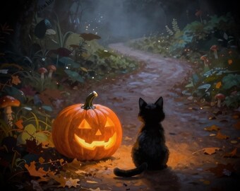 Förtrollad höststig - Digital bakgrundsbild, set med 10, mörk cottagecore, svart katt, 16:9 skrivbordsbakgrunder, Halloween, nedladdning av 4K PC-konst