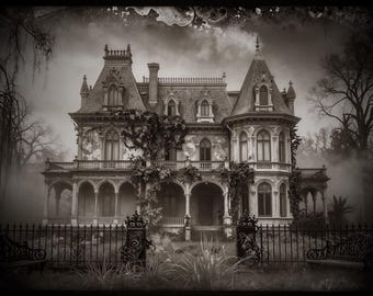 Huset - Gotiskt viktorianskt spökhus, digital bakgrundsbild, antika Ambrotype 4K-skrivbordsbakgrunder, Dark Academia Sepia PC-konst
