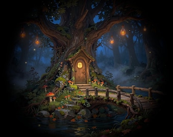 Trädhus i skogen - Digitala bakgrundsbilder med 10 st, Fantasy, Cottagecore 16:9 skrivbordsbakgrunder, Förtrollad skog, 4K PC-nedladdning