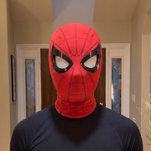 May include: A red fabric mask featuring a black web pattern across the surface, large black-rimmed eye lenses with white mesh inserts, and a neck covering. The mask is worn over the head and neck, paired with a plain black short-sleeve shirt.