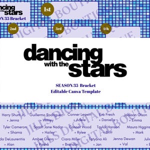 Puede incluir: Una plantilla de cuadro de competición Dancing with the Stars Temporada 35 con fondo de cuadrícula azul, un panel rectangular blanco central con texto negro y marcadores circulares dorados etiquetados 1st, 2nd, 3rd, 4th, 9th y 13th.