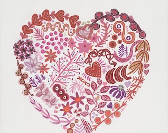 Impresión giclée floral Corazón en Flor, decoración de pared en lienzo de arte folclórico caprichoso