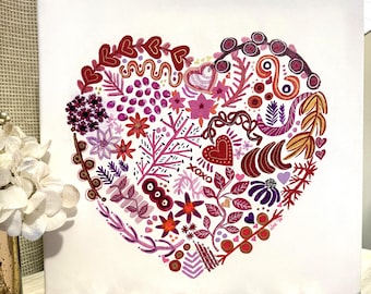 Giclée print met bloemenmotief 'Hart in Bloei', speelse folkloristische canvas wanddecoratie.