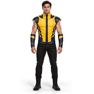 Peut inclure: Un gilet sans manches jaune et bleu marine avec un col montant et une fermeture éclair, accompagné de protège-avant-bras bleu marine assortis avec des détails jaunes. L'ensemble est porté avec un pantalon noir et des bottes noires.