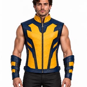May include: A sleeveless vest in vibrant yellow and deep blue with a central zipper closure, high collar, and black accent panels. The garment is paired with matching forearm gauntlets featuring horizontal yellow and blue leather segments.