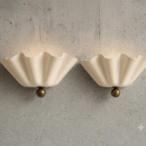 Scalloped Ceramic Wall Sconce, Fluted Shell Uplight with Brass Finial, Modern Minimalist Bedside & Hallway Ambient Accent Wall Lamp