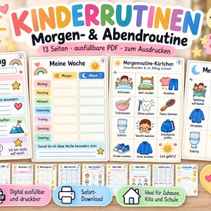 Op de afbeelding: Een set van 13 printbare PDF-pagina's getiteld KINDERRUTINEN Morgen- & Abendroutine met dag- en weekplanners, ochtendroutinekaarten en avondroutineschema's, voorzien van kleurrijke illustraties van zonnen, manen en dagelijkse taken.