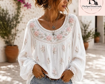 Boho-Leinenbluse mit Blumenmuster | Lässiges Damen-Oberteil im Bauernstil | Langärmliges Freizeithemd