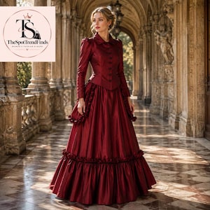 May include: A deep red long-sleeved dress featuring a structured bodice with a button-down front, a high collar, and a full-length skirt with ruffled hem detailing. The garment is crafted from a solid, slightly lustrous fabric with a fitted waist.