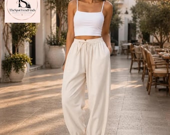 Pantalones harem de algodón puro color marfil / joggers de corte relajado para una comodidad máxima