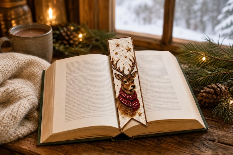 May include: A rectangular bookmark featuring a beaded illustration of a brown deer with large antlers wearing a red textured scarf. The background of the bookmark is cream-colored with small gold star accents and a pointed bottom edge.