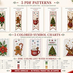 May include: Five PDF cross stitch patterns for bookmarks featuring Christmas designs: a poinsettia, a gingerbread man with a candy cane, a mug of cocoa, a Christmas tree with the text Merry Christmas, and a reindeer. Includes symbol charts and DMC list.
