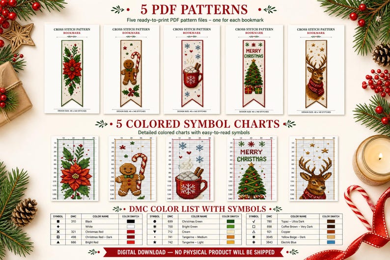 May include: Five PDF cross stitch patterns for bookmarks featuring Christmas designs: a poinsettia, a gingerbread man with a candy cane, a mug of cocoa, a Christmas tree with the text Merry Christmas, and a reindeer. Includes symbol charts and DMC list.