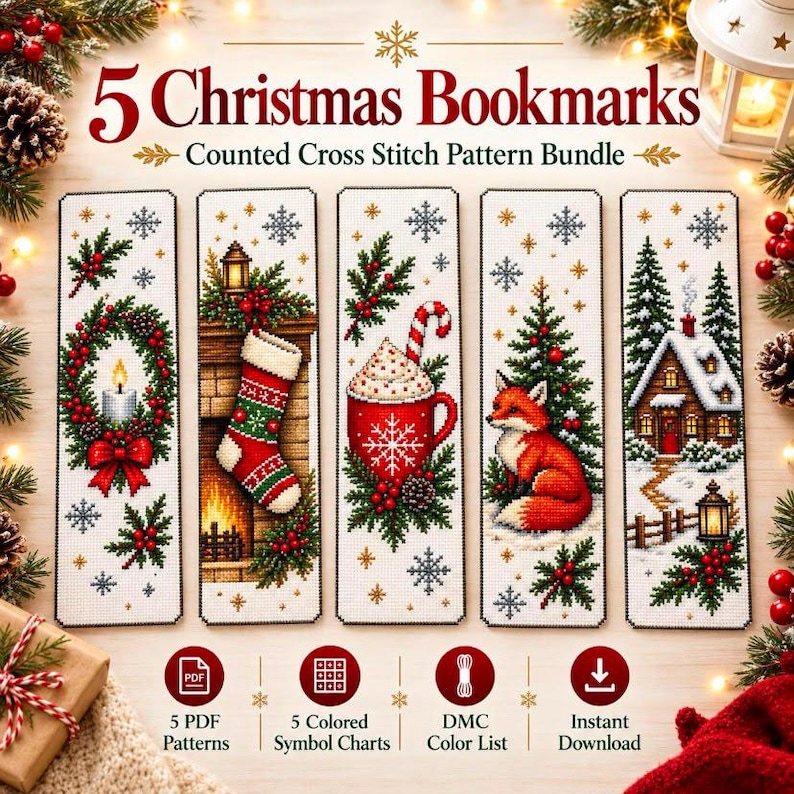 May include: A set of five Christmas bookmarks featuring counted cross stitch patterns. Designs include a wreath with a candle, a stocking by a fireplace, a mug of cocoa, a fox in the snow, and a cabin. Text reads 5 Christmas Bookmarks.