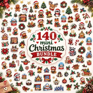 Könnte beinhalten: Eine Sammlung von 140 kleinen Kreuzstichmotiven zum Thema Weihnachten mit Bären, Schneemännern, Rentieren, Bäumen, Glocken, Geschenken und Häusern, angeordnet um ein großes weißes gewelltes Etikett mit dem Text 140 mini Christmas BUNDLE.