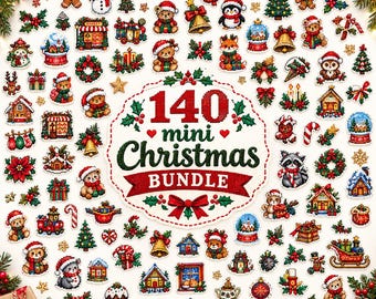 May include: A collection of 140 mini Christmas-themed cross-stitch motifs featuring bears, snowmen, reindeer, trees, bells, gifts, and houses, centered around a large white scalloped label with the text 140 mini Christmas BUNDLE.