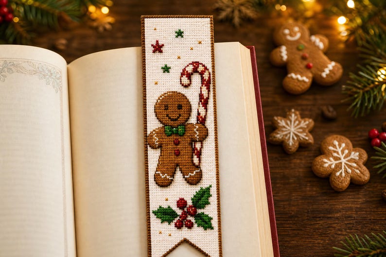 May include: A rectangular cross-stitch bookmark on white fabric with a brown border. The design features a brown gingerbread person holding a red and white candy cane, green holly leaves with red berries, and small red and green star accents.