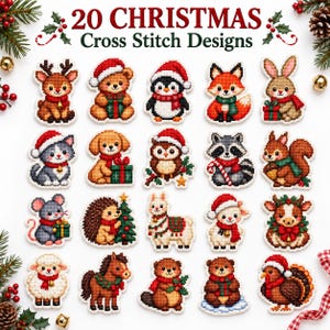 May include: A collection of 20 Christmas cross stitch designs featuring various animals including a reindeer, bear, penguin, fox, rabbit, cat, dog, owl, raccoon, squirrel, mouse, hedgehog, llama, sheep, horse, beaver, and turkey with holiday accents.
