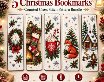 May include: A bundle of 5 Christmas bookmarks featuring counted cross stitch patterns. Designs include a candle wreath, a stocking by a fireplace, a mug of cocoa, a fox in a forest, and a snowy cabin. Text reads 5 Christmas Bookmarks.