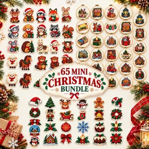 Puede incluir: Una colección de 65 mini patrones de punto de cruz con temática navideña que incluye varios animales, iconos festivos y escenas navideñas. El conjunto incluye motivos individuales y diseños circulares enmarcados con el texto 65 MINI CHRISTMAS BUNDLE.