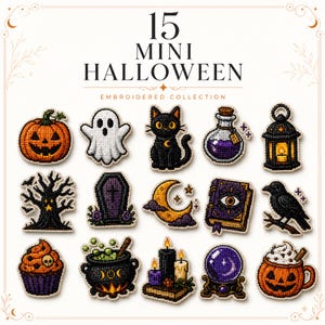 May include: A collection of 15 mini Halloween embroidered patches featuring a pumpkin, ghost, black cat, potion bottle, lantern, tree, coffin, crescent moon, spellbook, raven, cupcake, cauldron, candles, crystal ball, and pumpkin mug.