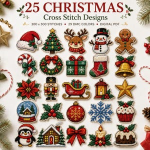 May include: A digital PDF collection of 25 Christmas cross stitch designs featuring icons like a Santa hat, Christmas tree, reindeer, snowman, gingerbread man, candy cane, wreath, gift, stocking, bell, poinsettia, nutcracker, sleigh, lantern, star, snow globe, holly, ornament, snowflake, cupcake, penguin, house, bow, candle, and pudding.