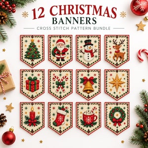 May include: A collection of 12 Christmas banners featuring cross stitch patterns of a tree, Santa, snowman, reindeer, gift, candy canes, bell, star, candle, stocking, cocoa, and wreath. The text reads 12 CHRISTMAS BANNERS CROSS STITCH PATTERN BUNDLE.