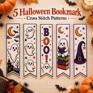 Peut inclure: Cinq modèles de point de croix verticaux pour marque-pages sur le thème d'Halloween. Les motifs incluent des fantômes, une maison hantée, un chapeau de sorcière violet, des piles de livres et le texte "5 Halloween Bookmark Cross Stitch Patterns" et "BOO!".