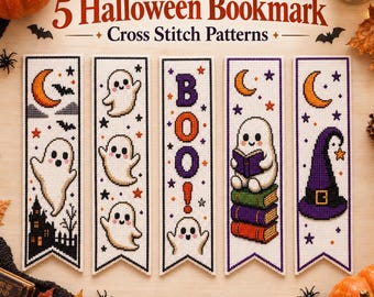 May include: Five vertical cross stitch patterns for bookmarks featuring Halloween themes. Designs include ghosts, a haunted house, a purple witch hat, stacks of books, and the text "5 Halloween Bookmark Cross Stitch Patterns" and "BOO!".