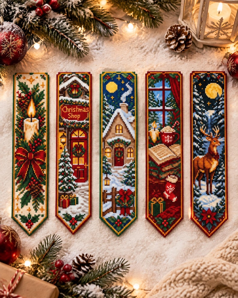 May include: Five rectangular cross-stitch bookmarks featuring holiday themes. Designs include a lit candle with holly, a Christmas shop entrance, a snow-covered cottage, a window scene with a mug and book, and a deer in a snowy forest at night.