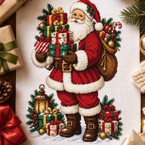 May include: A cross-stitch embroidery on white fabric depicting Santa Claus in a red suit with white fur trim, brown boots, and a belt. Santa holds a stack of colourful gift boxes and carries a brown sack filled with greenery and ornaments.