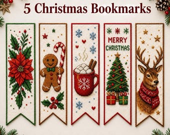 May include: Five rectangular cross-stitch bookmarks featuring holiday designs: a red poinsettia, a gingerbread person with a candy cane, a mug of hot cocoa with marshmallows, a decorated Christmas tree with gifts, and a reindeer wearing a red scarf.