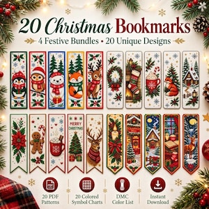 May include: A collection of 20 Christmas bookmarks featuring various festive illustrations including animals, winter scenes, and holiday motifs. The text reads 20 Christmas Bookmarks, 4 Festive Bundles, 20 Unique Designs, Merry Christmas, and includes icons for PDF patterns, symbol charts, and DMC color lists.