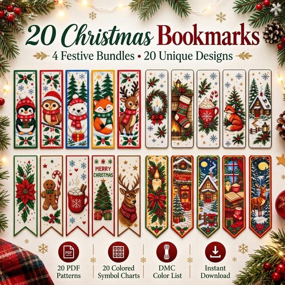 20 Christmas Bookmark Cross Stitch Patterns, PDF Bundle, Holiday Bookmarks, Digital Download