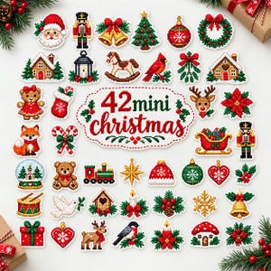 May include: A collection of 42 mini Christmas cross-stitch patches featuring various holiday icons including Santa, nutcrackers, bells, trees, ornaments, wreaths, houses, a rocking horse, a cardinal, a reindeer, a fox, and a train.
