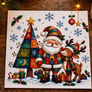 May include: A cross-stitch pattern on white fabric featuring a colourful patchwork Christmas tree, Santa Claus in a matching patchwork suit, and a reindeer with a scarf. The scene includes blue snowflakes, wrapped gifts, and holly berries.