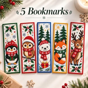 May include: Five rectangular cross-stitch bookmarks featuring winter themes with the text 5 Bookmarks. Designs include a penguin, owl, polar bear, fox, and reindeer, all wearing red or green scarves and hats, surrounded by holly and snowflakes.