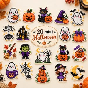 May include: A collection of 20 mini Halloween cross-stitch patches featuring various designs including ghosts, pumpkins, black cats, a witch, a spider, a haunted house, a broom, and a Frankenstein monster, with a central sign reading 20 mini Halloween.
