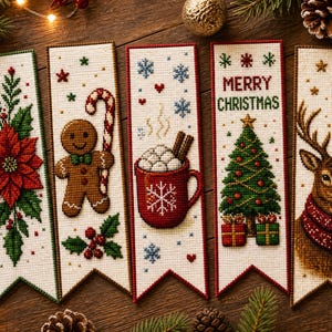 May include: Five rectangular cross-stitch bookmarks on a wooden surface. Designs include a red poinsettia, a gingerbread person with a candy cane, a red mug with marshmallows, a Christmas tree with gifts, and a reindeer wearing a red scarf.
