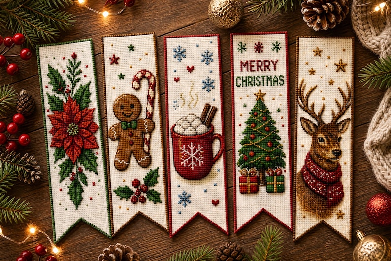 May include: Five rectangular cross-stitch bookmarks on a wooden surface. Designs include a red poinsettia, a gingerbread person with a candy cane, a red mug with marshmallows, a Christmas tree with gifts, and a reindeer wearing a red scarf.