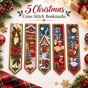 May include: Five rectangular cross stitch bookmarks featuring Christmas themes including a candle with holly, a shop front, a snowy house, a cozy window scene with a book, and a deer in a forest. The text 5 Christmas Cross Stitch Bookmarks is centered.