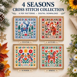 Kit de Ponto Cruz das Quatro Estações em PDF, Primavera, Verão, Outono e Inverno, Amostra de Arte Popular Floral.