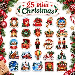 Op de afbeelding: Een verzameling van 25 mini kerst-kruissteekpatronen met feestelijke iconen zoals een klok, brievenbus, krans, notenkraker, trein en open haard, gerangschikt onder een banner met de tekst 25 mini Christmas.