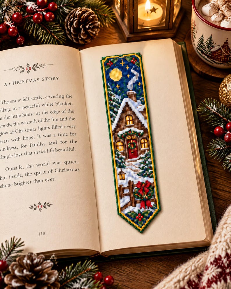 May include: A rectangular cross-stitch bookmark featuring a winter scene with a snow-covered house, a chimney with smoke, a yellow moon, and a red door with a wreath. The design includes pine trees, a wooden fence, and a red bow, all bordered in green.
