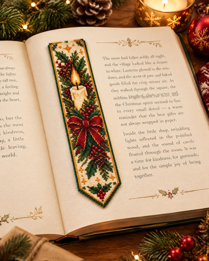 May include: A rectangular cross-stitch bookmark featuring a lit candle, a red bow, pine branches, and red berries on a cream background. The bookmark has a pointed bottom edge and is placed on an open book page with printed text about winter.