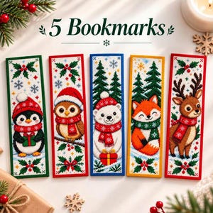 May include: Five rectangular bookmarks featuring cross-stitch style illustrations of a penguin, owl, polar bear, fox, and reindeer, each wearing winter accessories. The text 5 Bookmarks is centered above the collection, which is decorated with holly.