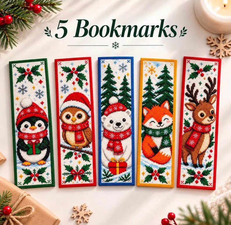 May include: Five rectangular bookmarks featuring cross-stitch style illustrations of a penguin, owl, polar bear, fox, and reindeer, each wearing winter accessories. The text 5 Bookmarks is centered above the collection, which is decorated with holly.