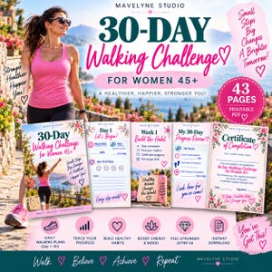 Può includere: Una sfida di camminata di 30 giorni per donne over 45 in formato PDF stampabile di 43 pagine di Mavelyne Studio. Include piani giornalieri, tracker dei progressi, registri delle abitudini e un certificato di completamento con motivi floreali.