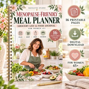 Può includere: Un pianificatore di pasti Menopause-Friendly a spirale con una copertina floreale che riporta il testo Grocery List & Food Journal for Women 45+. La copertina mostra una persona in cucina con ciotole di verdure e frutta, icone per pianificare, fare la spesa, preparare e nutrire, e indica 16 pagine stampabili e download digitale.